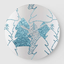 Relógio Grande Feriados Azuis Metálicos de Inverno Rosa-Prateado