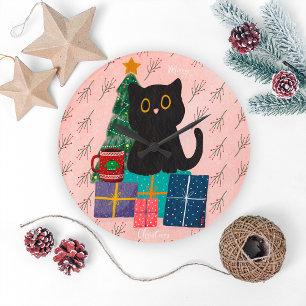 Relógio Grande Festa Rosa Feliz Natal Gatinho Preto Café