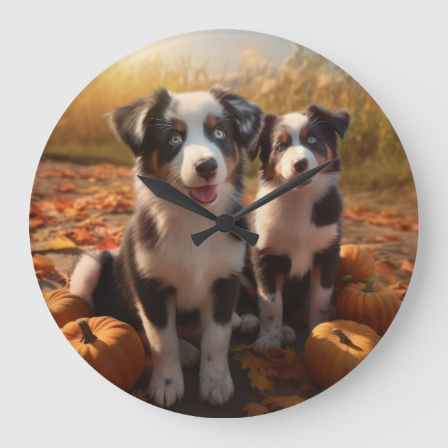 Relógio Grande Filhote de Australian Shepherd Delícia de Outono A (Frente)