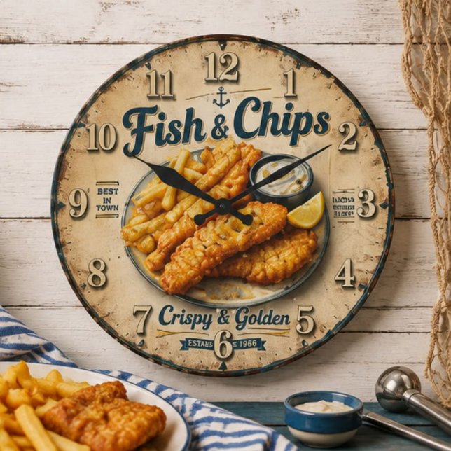 Relógio Grande Fish & Chips Vintage Kitchen (Criador carregado)