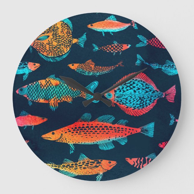 Relógio Grande Fissuras por aquarela: Azul Profundo sem costura (Frente)