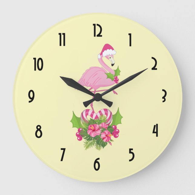 Relógio Grande Flamingo cor-de-rosa no Natal Whimsso de Santa Hat (Frente)