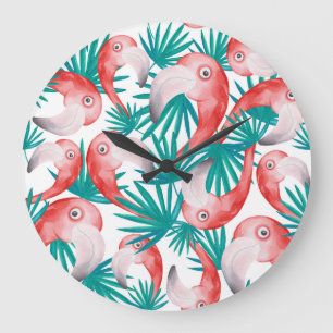 Relógio Grande flamingo desenhado à mão: padrão sem costura de aq