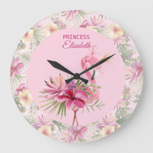 Relógio Grande Flamingo Floral Rosa Adorável