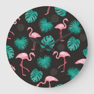 Relógio Grande Flamingo, folhas de palma: aquarela tropical.
