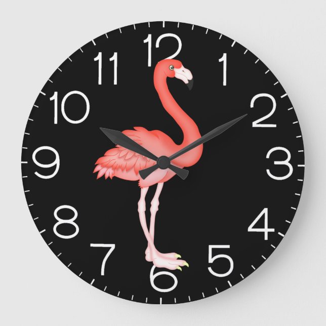 Relógio Grande Flamingo Rosa Em Preto (Frente)
