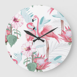 Relógio Grande Flamingo Rosa: Flores Exóticas Sem Olhos.
