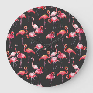 Relógio Grande Flamingo Rosa: Padrão Tropical de Aquarela.