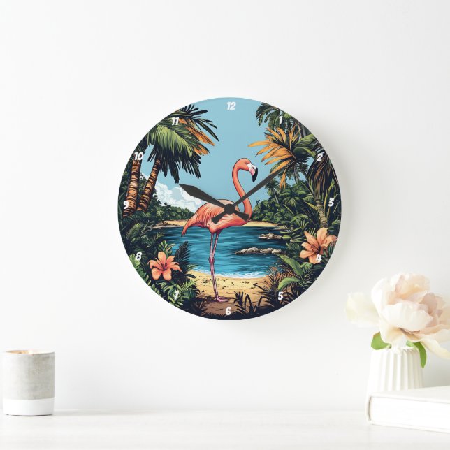 Relógio Grande Flamingo Tropical Beach Wall Art (Lar)