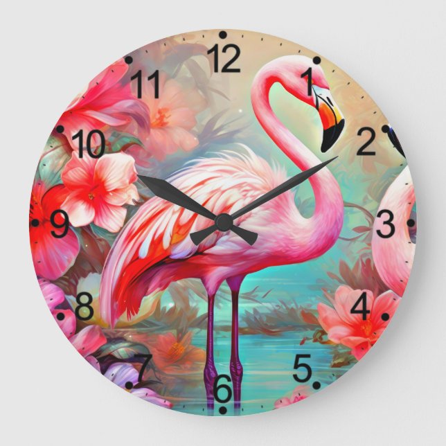 Relógio Grande Flamingo Tropical com Flores (Frente)