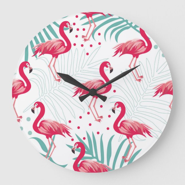 Relógio Grande Flamingo tropical e folhas, padrão de verão. (Frente)