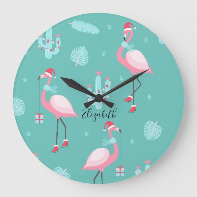 Relógio Grande Flamingos Chapéu de Papai Noel Presentes Flocos de (Frente)