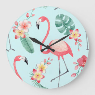 Relógio Grande Flamingos Flores Tropicais Padrão de Aquarela