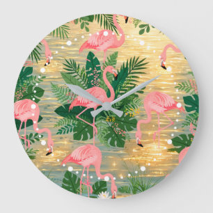 Relógio Grande Flamingos Rosa Pôr do Sol Dourado Lagoa Vibração T