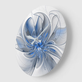 Relógio Grande Flor de Arte Fractal em Aquarela Azul Cinza Abstra