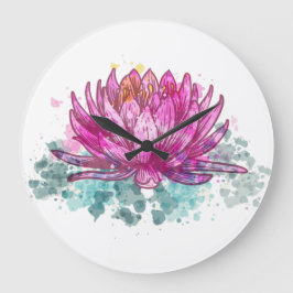 Relógio Grande Flor de Lótus Rosa em Aquarela