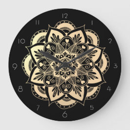 Relógio Grande Flor de Mandala Preto e Dourado