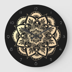 Relógio Grande Flor de Mandala Preto e Dourado