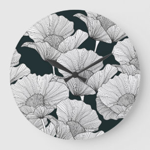 Relógio Grande Flor De Papoila, Linha Branca Preta.