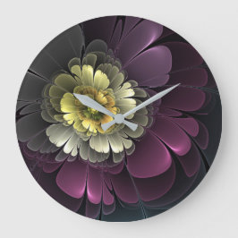 Relógio Grande Flor Fractal Abstrata Moderna Purpur Khaki Cinza