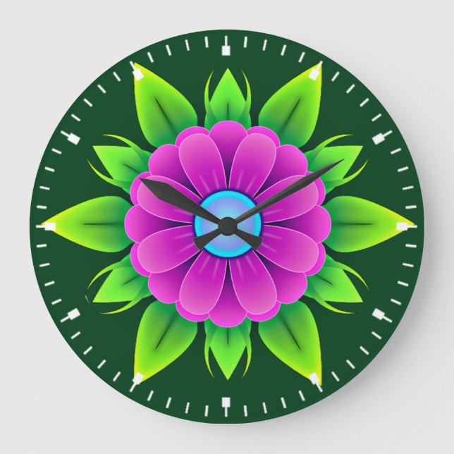 Relógio Grande Flor Rosa com Folhas Verdes-23856 (Frente)