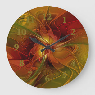 Relógio Grande Flor verde-laranja-abstrato Vermelho Castanho-Cast