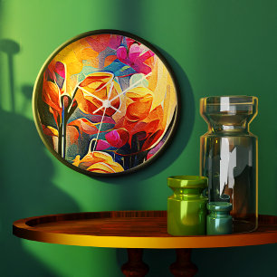 Relógio Grande Floral Abstrato Art Laranja Vermelho Azul Flores