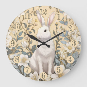 Relógio Grande Floral Amarelo Coelho Branco-Bonito Pastel