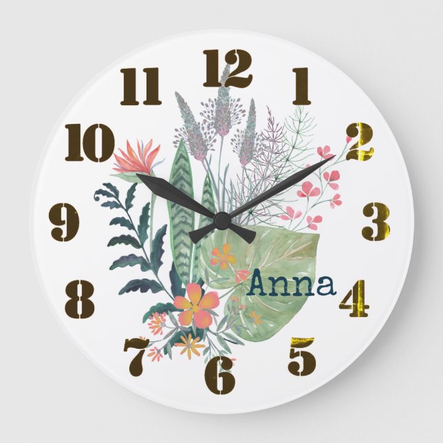 Relógio Grande floral Botânico tropical personalizado (Frente)