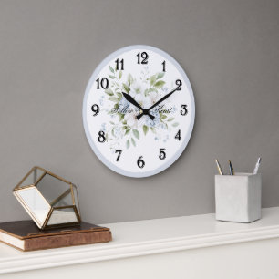 Relógio Grande Floral Branco Azul Bonito
