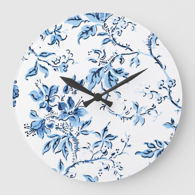 Relógio Grande Floral Branco e Azul Delft Elegante (Frente)