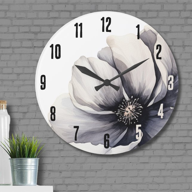 Relógio Grande Floral Branco preto-legante (Flower Modern Minimalist Boho Black White Floral Large Clock)