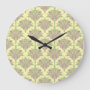 Relógio Grande Floral Damask Fofo em Rosa Verde e Amarelo Claro