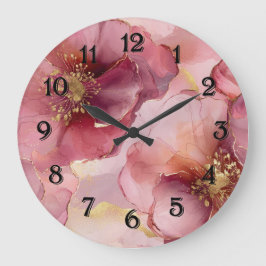 Relógio Grande Floral Dourado Romântico Cinza Rosa Brilhante