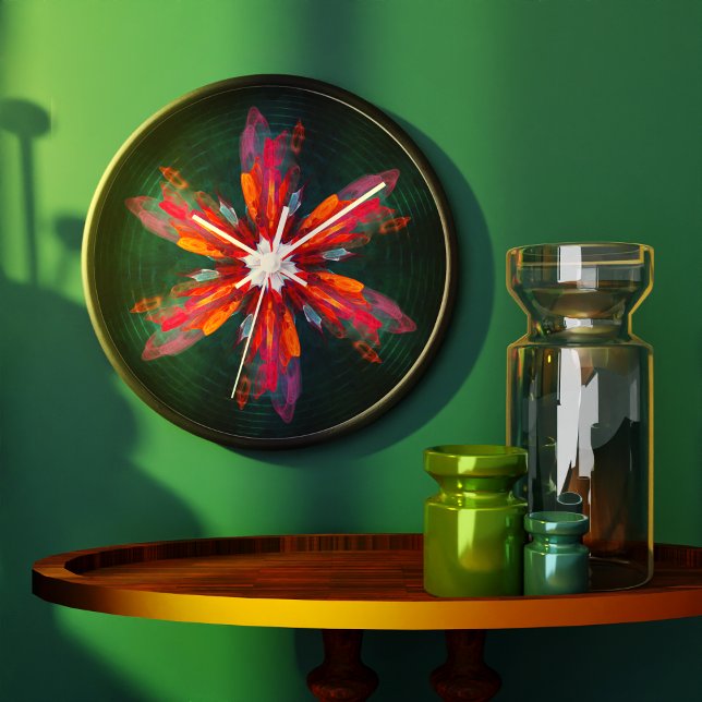 Relógio Grande Floral Flores de Mandala Laranja Vermelho Abstrato (Floral Mandala Flowers Orange Red Blue Abstract Clock)