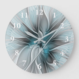 Relógio Grande Floral Fractal Moderno Abstrato Flor Azul Cinza