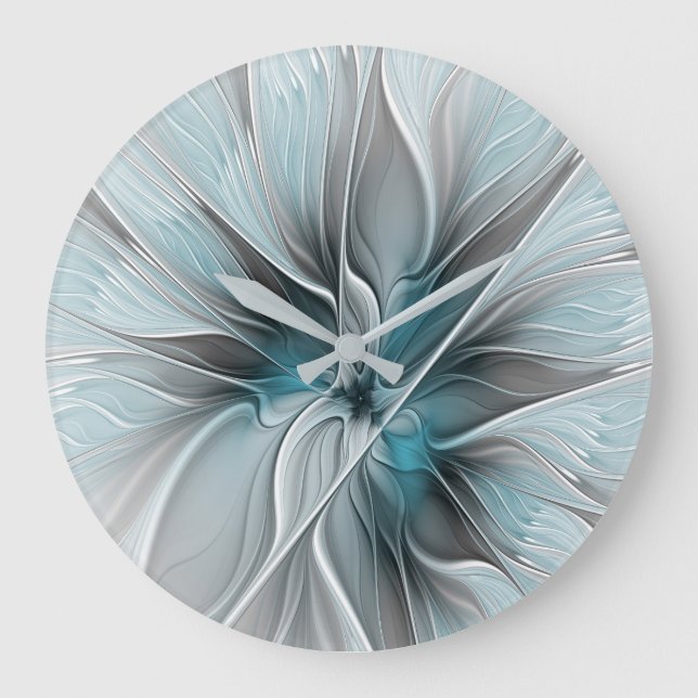 Relógio Grande Floral Fractal Moderno Abstrato Flor Azul Cinza (Frente)