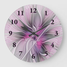 Relógio Grande Floral Fractal Moderno Abstrato Flor Rosa Cinza