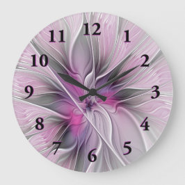 Relógio Grande Floral Fractal Moderno Abstrato Flor Rosa Cinza