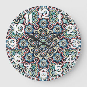 Relógio Grande Floral Geométrico Marroquino Vintage Azul e Turque