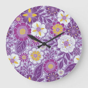 Relógio Grande Floral púrpura, amarela e magenta