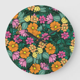 Relógio Grande Floral Vibrante: Vintagem de Fundo Verde.