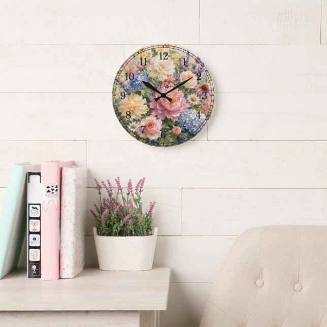 Relógio Grande Floral Wall Clock — Botanical Design (Sala de leitura)