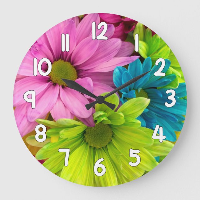 Relógio Grande Floral Wall Clock – Pink Green Blue Flower (Frente)
