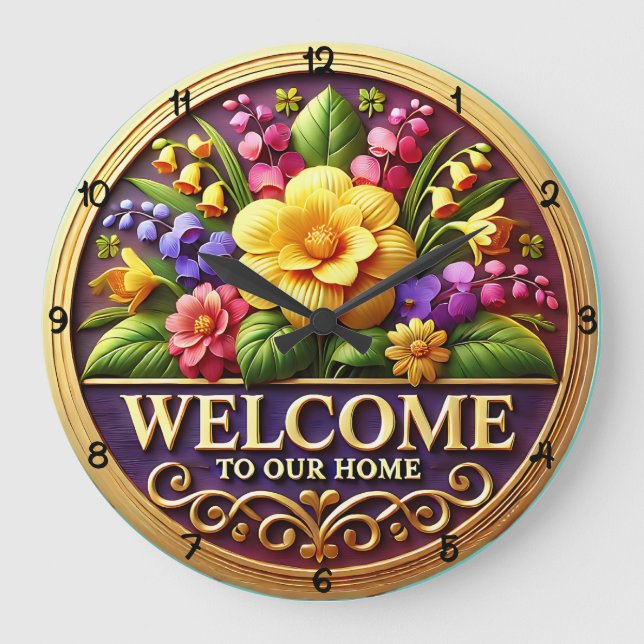 Relógio Grande Floral Welcome To Our Home (Frente)