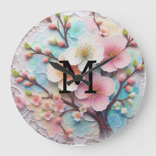 Relógio Grande Florença floral pastel cor-de-rosa monograma