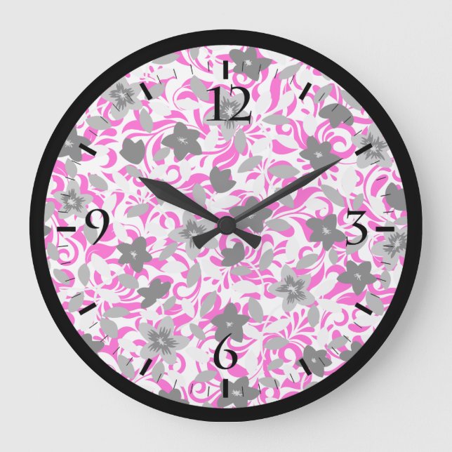 Relógio Grande Flores abstratas rosa cinza branco fofas (Frente)