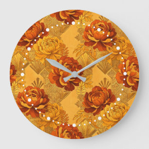 Relógio Grande Flores Abundantes Dourado Laranja Art Déco