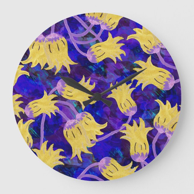 Relógio Grande Flores amarelas: trabalho de arte de aquarela de f (Frente)