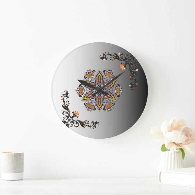 Relógio Grande Flores Celestiais Mandala Preto Dourado (Lar)